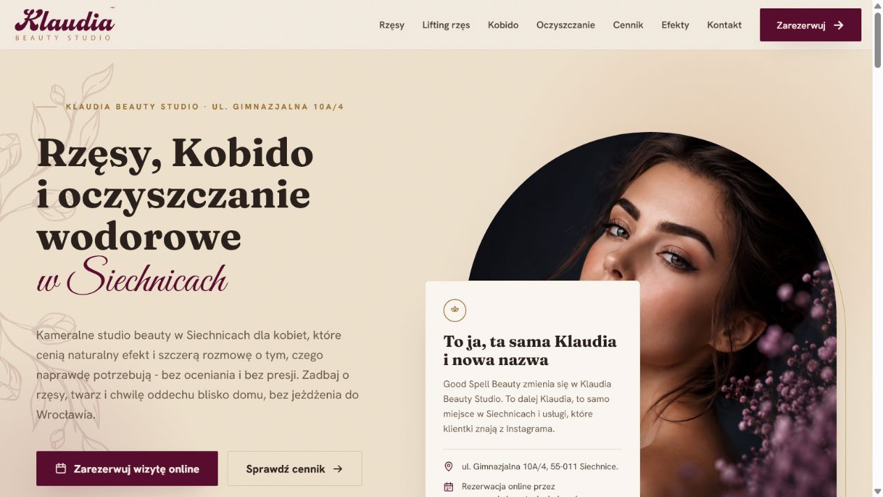 Rzeczywisty ekran strony głównej Klaudia Beauty Studio